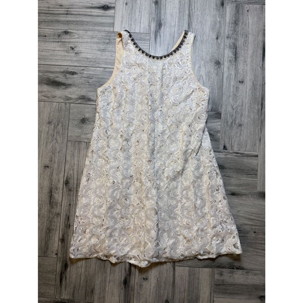 Badgley Mischka Ivory Sequined Mini Dress with Beaded Neckline